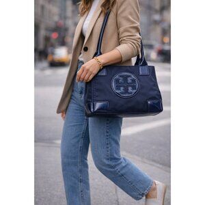 Tory Burch Navy Nylon Ella Tote Bag Large Patent Leather Trim Logo Shopper